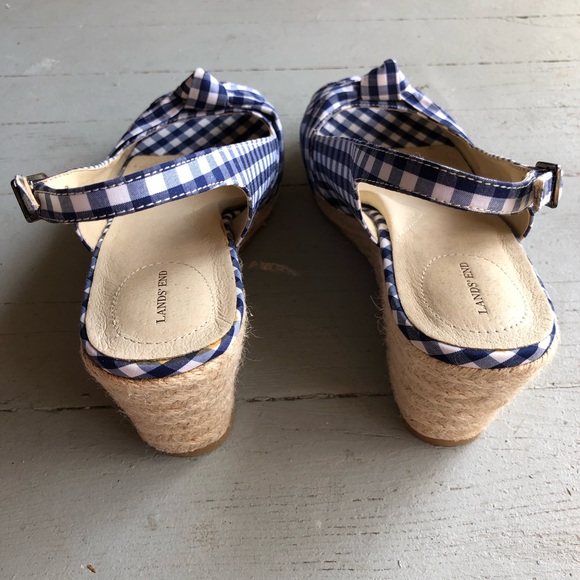 Blue Gingham Checkered Wedge Espadrilles - Picture 3 of 11